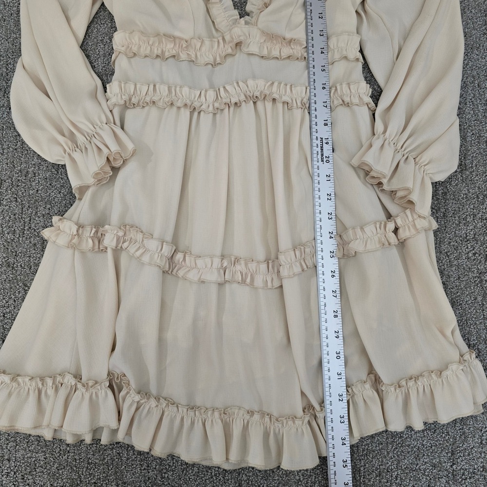 Cream Ruffle Tiered Mini Dress‎ Open Back Coquette Romantic Boho Size M - Picture 4 of 8